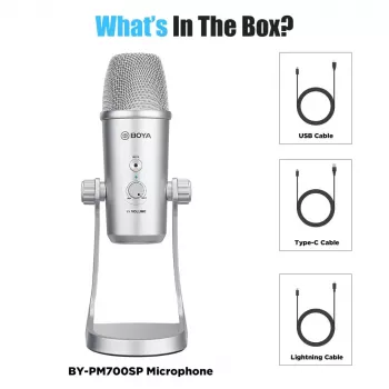 BOYA BY-PM700SP többirányú USB kondenzátormikrofon fejhallgató-monitorozással és beépített állvánnyal