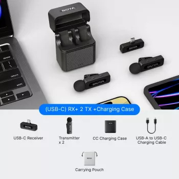 BOYA BY-V30 vezeték nélküli lavalier mikrofonrendszer USB-C eszközökhöz, 2,4 GHz, 50 m hatótávolság, 9 óra akkumulátor, zajcsökkentés, fekete