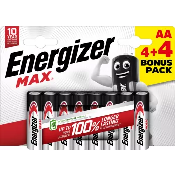Energizer Max AA alkáli elemek, 1,5 V, 8 darabos csomag (4+4)