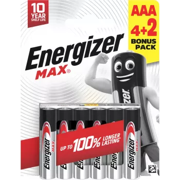 Energizer Max AAA alkáli elemek, 1,5 V, 6 darabos csomag (4+2)