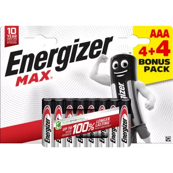 Energizer Max AAA alkáli elemek, 1,5 V, 8 darabos csomag (4+4)