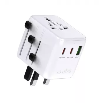 SBS univerzális utazási adapter 2x USB-C PD 20W és 1x USB-A QC 18W, 35W összteljesítmény, fehér