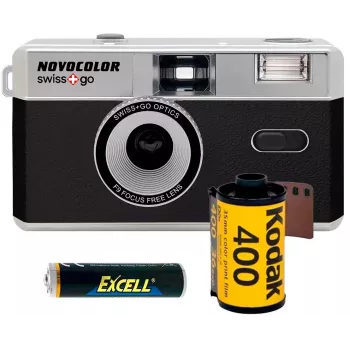 Swiss+Go Novocolor 35mm analóg fényképezőgép szett vakuval, táskával, nyakpánttal és Kodak filmmel (SWI401608)