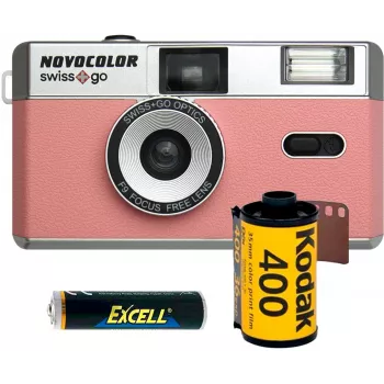 Swiss+Go Novocolor 35mm analóg fényképezőgép csomag vakuval, rózsaszín (SWI401611)