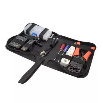 DSIT DC-TOOLSET-PRO professzionális hálózati szerszámkészlet krimpelőfogóval, teszterrel, LSA szerszámmal, fogókkal, csavarhúzókkal, csatlakozókkal és cipzáras tokkal