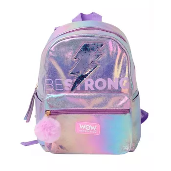 Holo Wow holografikus iskolatáska lányoknak pompommal és állítható pántokkal WOW00048