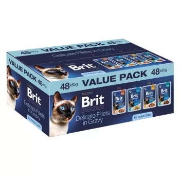 Brit Delicate Fillets in Gravy felnőtt macskáknak - 48x85g multipack (csirke, marha, pulyka, lazac)