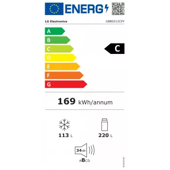LG GBBS312CPY szabadon álló kombinált hűtő fagyasztóval, Total No Frost, rozsdamentes acél, C energiahatékonysági osztály, 333L