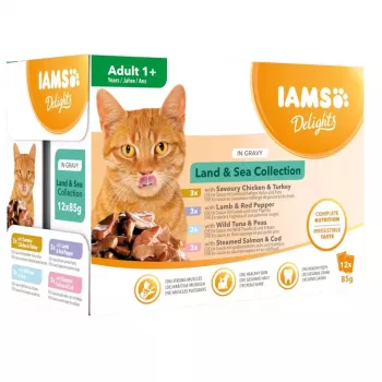 EUKANUBA IAMS DELIGHTS Land & Sea Collection szószban nedves macskaeledel – 12x85g tasak (lazac és tőkehal, csirke és pulyka, bárány és piros paprika)