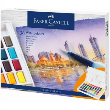Faber-Castell Creative Studio akvarellfesték-készlet, 36 szín szilárd készletben ecsettel és szivaccsal, keverőpaletta a fedélben, student grade, átlátszó, utántölthető, hordozható műanyag doboz