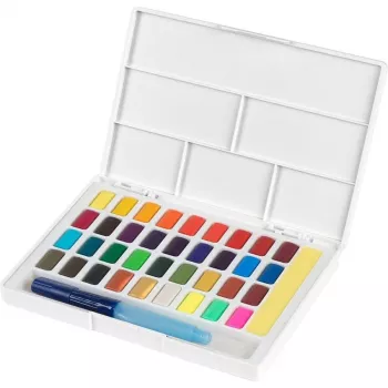 Faber-Castell Creative Studio akvarellfesték-készlet, 36 szín szilárd készletben ecsettel és szivaccsal, keverőpaletta a fedélben, student grade, átlátszó, utántölthető, hordozható műanyag doboz