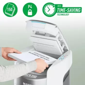 Leitz IQ Optimax AutoFeed 150 P-4 iratmegsemmisítő 150 lapos automatikus adagolóval és 15L tartállyal, fekete
