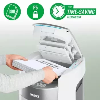 Leitz IQ Optimax AutoFeed 300 iratmegsemmisítő, P-5, 300 lap, 25 L tartály