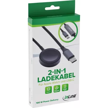 InLine® 2 az 1-ben töltőkábel Apple Watch + USB-C, 100 W, USB 2.0, 1,2 m