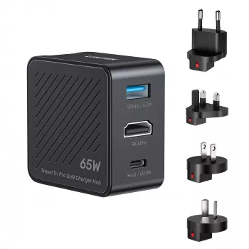 UNITEK P1242ABK01 GaN 3 az 1-ben utazó töltő-hub 65W, 4K@60Hz HDMI, USB-A és USB-C csatlakozóval