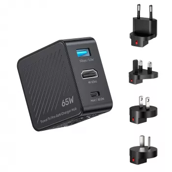 UNITEK P1242ABK01 GaN 3 az 1-ben utazó töltő-hub 65W, 4K@60Hz HDMI, USB-A és USB-C csatlakozóval
