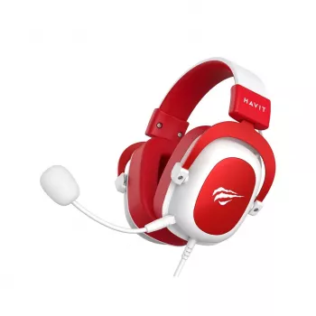 HAV H2002d vezetékes gaming headset 50 mm-es meghajtókkal, RGB LED, zajszűrő mikrofon, fehér/piros