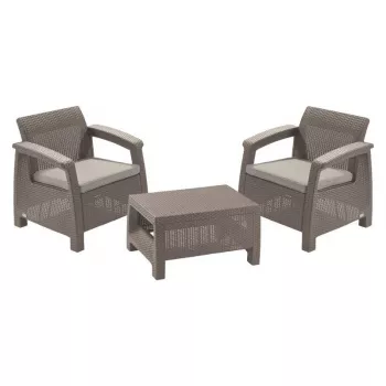 KETER Corfu Weekend kerti bútor szett bézs - 2 szék és dohányzóasztal, rattan hatású kültéri lounge szett
