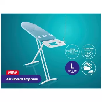 LEIFHEIT Air Board Express L Solid vasalódeszka 130x38 cm Thermo-Reflect technológiával, 75-98 cm magasságállítás, összecsukható, vállforma, csúszásmentes lábak, vasalótartó, kábelrögzítő, fehér/kék