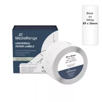 MediaRange univerzális címkék, Dymo 99013/S0722410 helyettesítésére, 89 x 36 mm, 260 darab, tartósan tapadó, fekete átlátszón (MRDY99013)