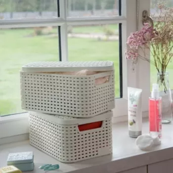 CURVER Style L Storage Box with Lid, 43.6 x 32.6 x 23 cm, Cream, Collapsible, Stackable