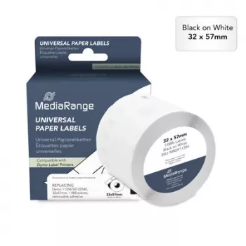 MediaRange univerzális papírcímke, Dymo 11354/S0722540 helyettesítésére, 32 x 57 mm, 1 000 darab, eltávolítható, fekete fehér alapon (MRDY11354)