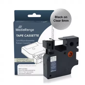MediaRange műanyag szalagkazetta, Dymo D1 43610/S0720770 helyettesítésére, 6 mm x 7 m, laminált, tartósan tapadó, fekete átlátszó alapon (MRDY43610)