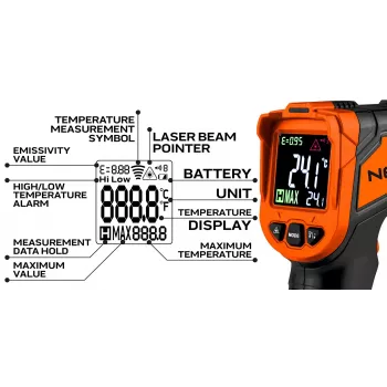 NEO TOOLS 75-276 pirométer, érintésmentes infravörös hőmérő kettős lézeres célzóval, -50°C és 880°C között, 12:1 D:S, állítható emissziós tényező, háttérvilágításos LCD