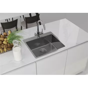 DEANTE ZPO_010B Single-Bowl Stainless Steel Kitchen Sink, Satin, 440x440 mm, Inset, with Waste Kit