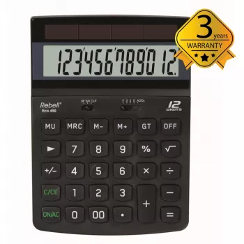 REBELL RE-ECO 450 BX asztali számológép, 12 jegyű LCD, dual power, újrahasznosított műanyag, fekete