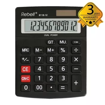 REBELL RE-8118-12 BX fél-asztali zsebszámológép, 12 jegyű döntött LCD, dual-power nap- és elemes, fekete