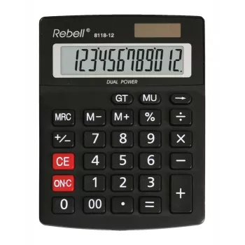 REBELL RE-8118-12 BX fél-asztali zsebszámológép, 12 jegyű döntött LCD, dual-power nap- és elemes, fekete