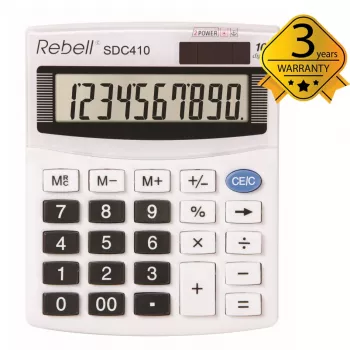REBELL RE-SDC410 BX fél-irodai számológép, 10 jegyű LCD, Dual Power (napelem és elem), fekete