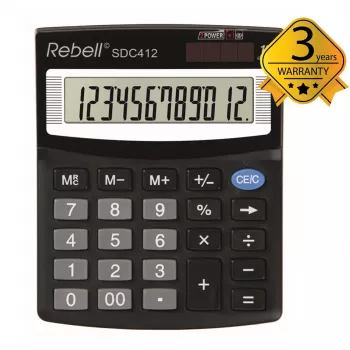 REBELL RE-SDC412 BX fél-irodai számológép, 12 jegyű LCD, Dual Power, fekete