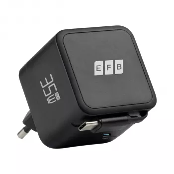 EFB Elektronik G352CE 35W GaN USB-C fali töltő behúzható 0,7m kábellel, PD3.0 és QC3.0, fekete