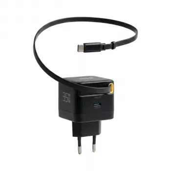 EFB Elektronik G352CE 35W GaN USB-C fali töltő behúzható 0,7m kábellel, PD3.0 és QC3.0, fekete
