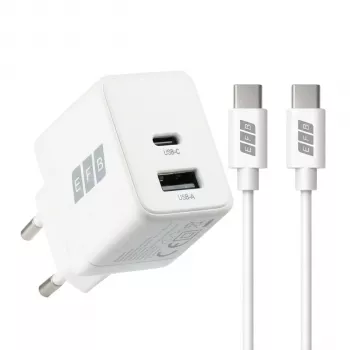 EFB Elektronik G201A1CE 20W GaN USB-C PD3.0 + USB-A QC3.0 fali töltőkészlet 2m USB-C kábellel, fehér