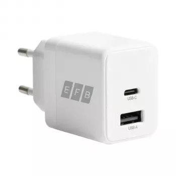 EFB Elektronik G201A1CE 20W GaN USB-C PD3.0 + USB-A QC3.0 fali töltőkészlet 2m USB-C kábellel, fehér