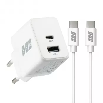 EFB Elektronik G301A1CE 30W GaN USB-C PD3.0 + USB-A QC3.0 fali töltőkészlet 2m USB-C kábellel, fehér