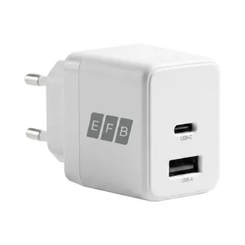 EFB Elektronik G301A1CE 30W GaN USB-C PD3.0 + USB-A QC3.0 fali töltőkészlet 2m USB-C kábellel, fehér