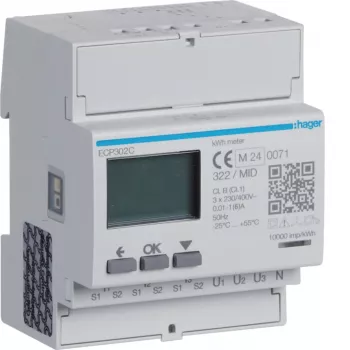 Hager ECP302C háromfázisú energiamérő 1A vagy 5A áramváltóhoz, 4 modulos DIN sín, S0 impulzus kimenet