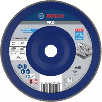 Bosch X571 Best for Metal lamellás csiszolókorong, 180 mm átmérő, 22,33 mm furat, cirkónium-oxid, K40 szemcse, kúpos Type 29, acélhoz és fémekhez 2608607343