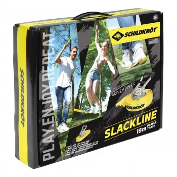 SCHILDKRÖT slackline-készlet 15 m sárga, 50 mm széles racsnis feszítéssel – egyensúlyozó edzőkészlet 970701