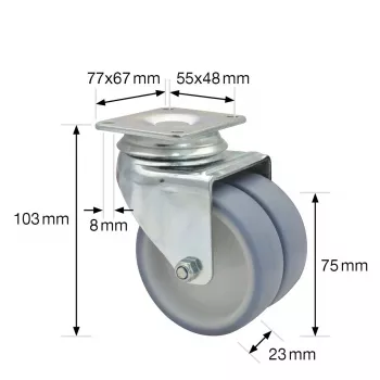 Wagner design yourself ECO RO 1577 szürke iker forgó görgő, 50 mm kerék, 50 kg teherbírás, lapos rögzítés 3157701