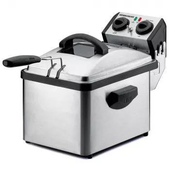 Rommelsbacher FRP 2135/E négyszögletes fritőz, 3,5 L olajkapacitás, Cool-Zone technológia, állandó szűrő, állítható termosztát, időzítő, rozsdamentes acél