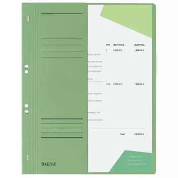 LEITZ A4 iratgyűjtő mappa, manila karton, zöld, hivatali fűzés, 250 g/m², 1/2 előlap feliratozómezővel, 50-es csomag (3741-00-55)