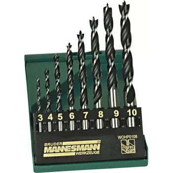Brüder Mannesmann M54308 Wood Twist Drill Bit Set, 8 Pieces, 3–10 mm, Brad Point, High Carbon Steel, Plastic Case