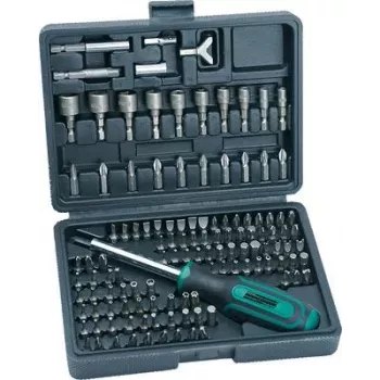 BRÜDER MANNESMANN 122-Piece Screwdriver and Bit Set in Plastic Case, Chrome-Vanadium Steel Bits, 1/4 inch Hex Drive, Ergonomic Handles, Magnetic Bit Holder, DIN Standard M29896