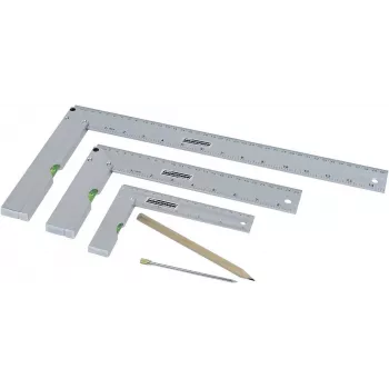 Brüder Mannesmann M81210 5 részes derékszög szett jelölőtűvel, edzett acél, metrikus, 100 mm vonalzó, 0-180° szögmérő, 45° gérvágó szög, központosító szög, műanyag tok 0418002