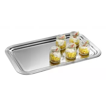 APS CLASSIC téglalap alakú tálalótálca 530x325 mm ezüst nikkel bevonatú tükörfényes krómozott vonalakkal